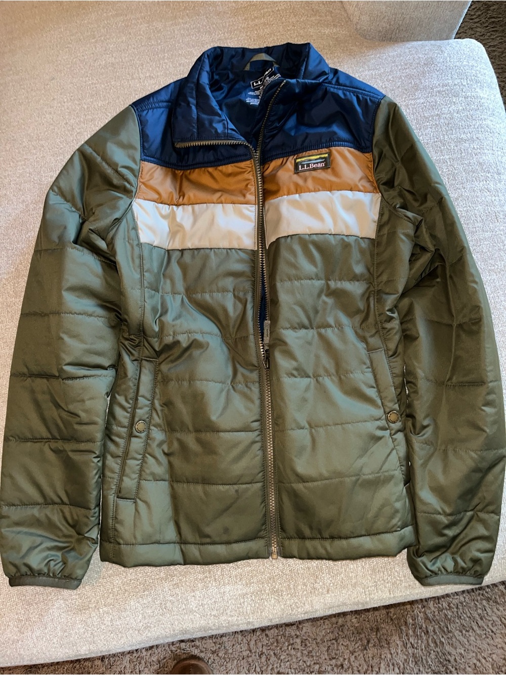 L.L. Bean Olive, Navy, Tan & Cream Colorblock Puffer Jacket